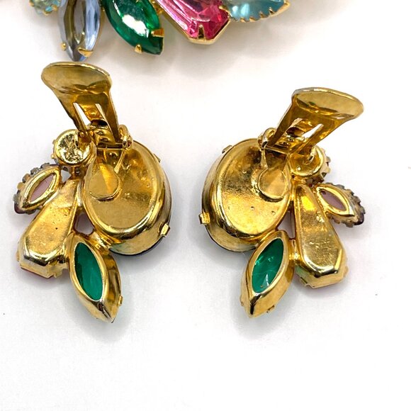 Vintage Unsigned Tutti Frutti Fruit Salad Rhinestone Brooch Clip Earrings Set - Picture 9 of 13